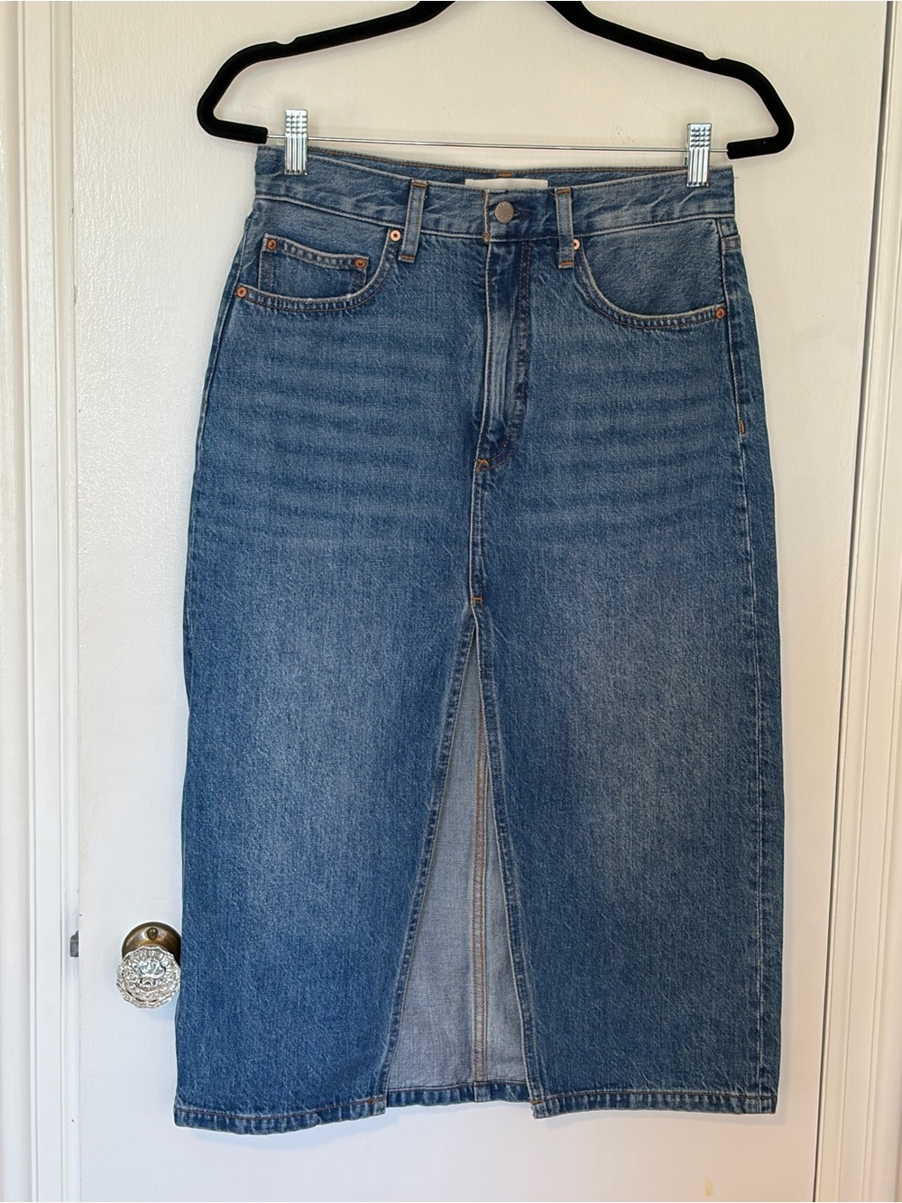 Denim Forum Mid Blue Denim Midi Skirt with Front Slit